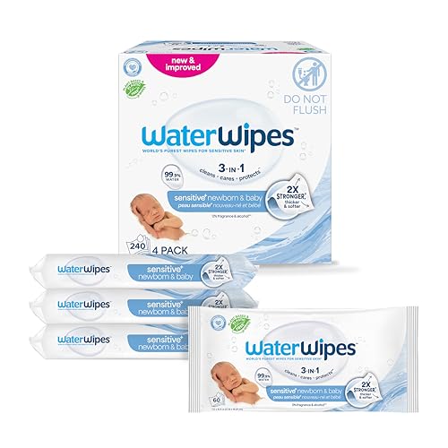 Image of WaterWipes Sensitive+ Newborn & Baby Wipes, 3-In-1 Cleans, Cares, Protects, 99.9% Water, Unscented & Hypoallergenic, 240 Count (4 Packs)