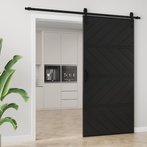 Image of 42 inchx84 inch Black Barn Door with 7FT Sliding Door Kit & Handle & Floor Guide | Pre-Drill Holes Easy Assembly & Install Required, Solid Core Wood Sliding Barn Door for Water-Resistant & Sound Reduction