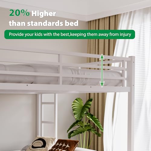 Metal Queen Over Queen Bunk Bed for Kids & Adults with Extra Thick Support Columns & Higher Guardrail, 2 Ladders, Squeak-Free, Heavy Duty, No Box Spring Needed, Easy Assembly, White