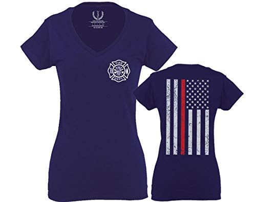 American Flag Thin Red Line Firefighter Support Seal for Women V Neck Fitted T Shirt (Navy Blue, Medium)