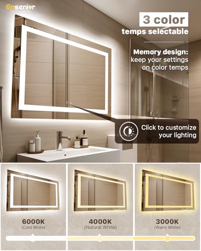 Ensenior LED Bathroom Mirror 60"x 36" with Front and Backlight, Stepless Dimmable Wall Mirrors with Anti-Fog, Shatter-Proof, Memory, 3 Colors, Modern LED Vanity Mirror-ETL & FCC