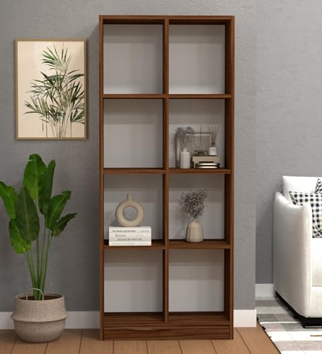 Image of SPECIALITY PANELS 8 Cube Bookshelf with Drawer, Walnut Brown Wood Finish, Open Storage Organizer, Freestanding Display Shelf