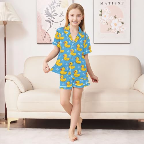 Yellow Duck with Bubble Print Summer Satin Pajama Set, Cute Button-Down Sleepwear Pj Set for Sleep Wears3