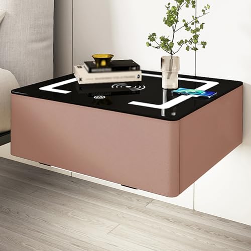 Mesita de noche flotante con base de carga y luces LED, mesita de noche de pared con sensor automático, cubierta de vidrio templado y cuero de microfibra (color: rosa, 1 unidad, tamaño: 40 x 18