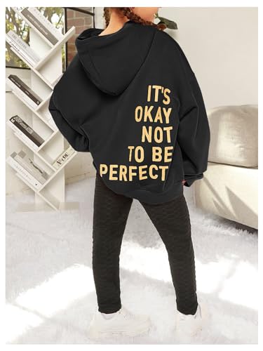 SweatyRocks Moletom feminino com capuz de manga comprida e estampa de letras grandes, Preto, 10 Anos