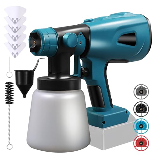 MaxAwe Akku Farbsprühsystem, Elektro Farbspritzpistole für Makita 18V Akkus, Lackierpistole mit 4 Düsen und 3 Spritzmuster, Farbsprühpistole zum Streichen von Wänden Gartenzaun (ohne Akku)