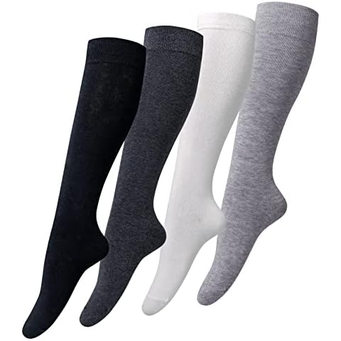 Justay 4 Paar Overknee Strümpfe Damen Baumwolle Kniestrümpfe Knee High Socks Lange Socken Volleyballsocken Sportsocken Damensocken Einheitsgröße Einfarbig Cover