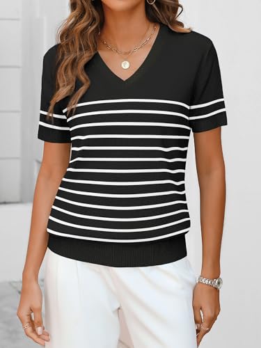 Image of ANRABESS Women Wool Blend Sweater Summer 2026 Short Sleeve V Neck Pullover Top Business Casual Outfit Beach Vacation Clothes