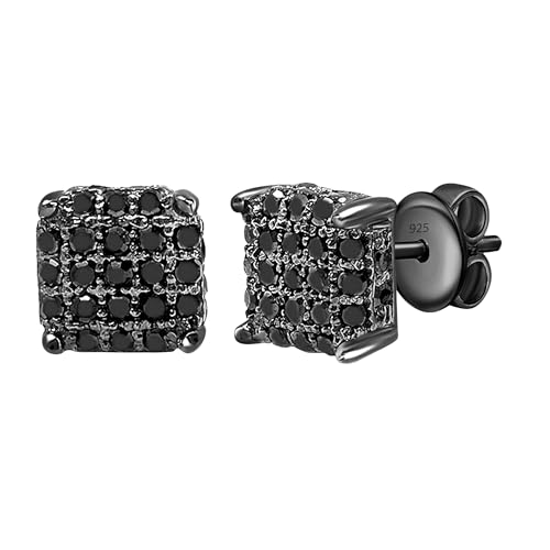 Dazzlingrock Collection Round Black Diamond Dice Shaped Unisex Stud Earrings (Color Black, Clarity Opaque) in Black Plated 925 Sterling Silver