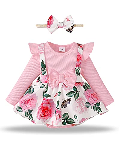 Baby Girl Dresses 0-3 Months Newborn Infant Girl Clothes Ribbed One Piece Romper with Flower Suspender Skirt Overall Winter Fall Pink Outfits Baby Girl Dresses 0-3 Months Newborn Infant Girl Clothes Ribbed One Piece Romper with Flower Suspender Skirt Overall Winter Fall Pink Outfits