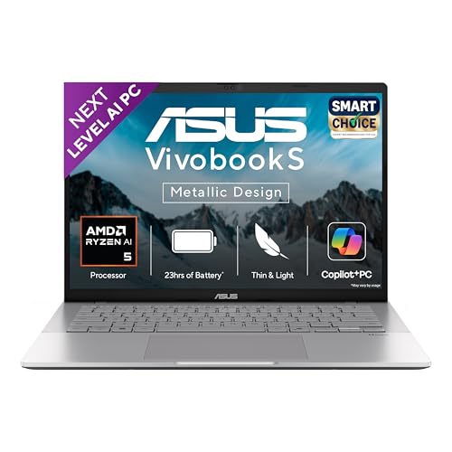 Image of ASUS Vivobook S14,Smartchoice,AMD Ryzen AI 5 330,16GB RAM,512GB SSD,OLED,14 inch,Win11,Office24,M365 Basic (1Yr)*, Silver,1.4Kg,M3407KA-SF2501WS,50 Tops,Metallic Design Laptop,Next-Gen AI Laptop,Copilot+