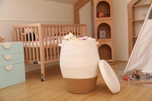 Image of Storage Cotton Rope Basket and Laundry Hamper for Dirty Clothes, Towels, Blankets, Pillows Storage in Living Room, Laundry Room and Bedroom (Beige White With Lid, 14x18 Inch)