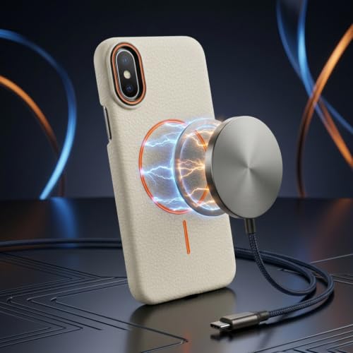 Image of amazon basics Luxury MagSafe Compatible Leather Texture Back Cover for iPhone X | Raised Camera Protection | Slim Fit Shockproof Case with Metallic Accents (White)