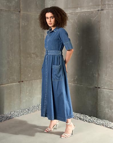 Image of Sassafras Women's A-Line Fit & Flared Half Sleeves Denim Belted Maxi - Casual Streetwear Denim Dress