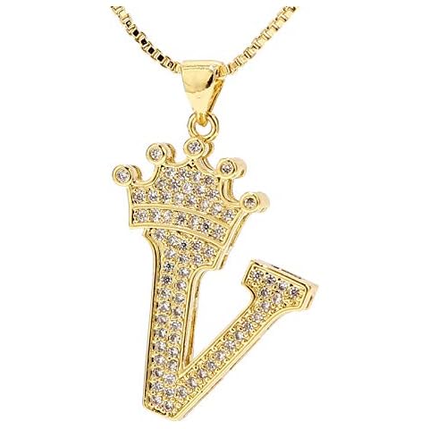 UALGL A-Z Letters Necklace Crown Necklace for Men Women 18K Gold Plated Letters Pendants with 23'' Chain Hip Hop Alphabet Name Jewelry Mom Gifts, 18K, Cubic Zirconia Cover