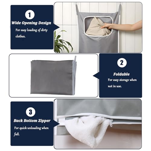 A.S.Marelis Hängender Wäschekorb, tragbarer Wäschesack, Reißverschluss, weit offen, Wäschesäcke mit Edelstahl-Haken und Klebehaken, Organisation für schmutzige Kleidung