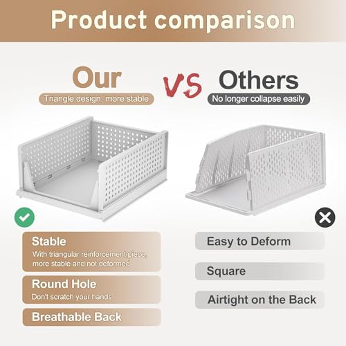 Image of flymore Stackable Plastic Closet Organizer Bins with Front Opening - Foldable Storage Drawers for Clothes, Towels, Toys, Kitchen & Office - Space Saving Shelf Baskets (Set of 2, White)