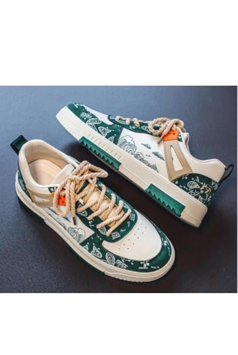 Image of azalya Artistic Wave Print Sneakers, Black and White, Platform Style with Orange Accents Korean Retro Style Comfortable Printed Sneaker Shoes for Men.