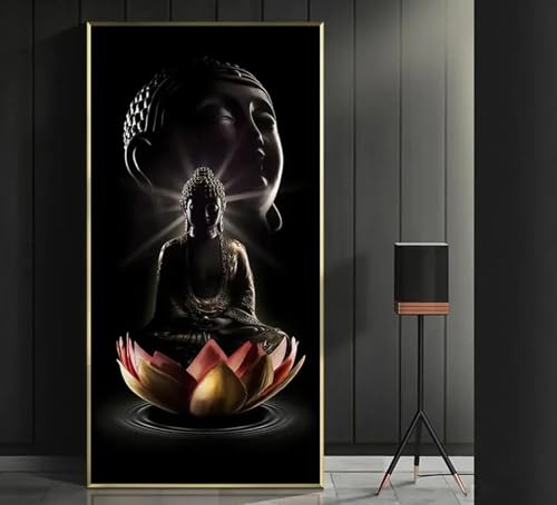 Déco salon Bouddha Zen peinture Lotus grand format 65x130