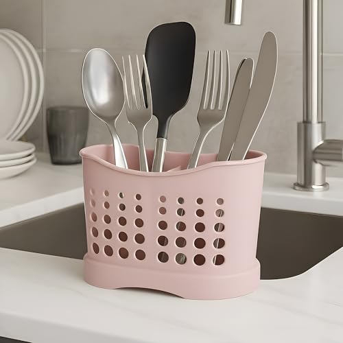 2 Compartments High Grade Plastic Sink Tidy Cutlery Drainer Caddy Holder, Cutlery Holder Utensil Drainer, Spoons & Forks Organizer, Utensil Drainer for Home and Kitchen (Pink - Design 1) - Image 8