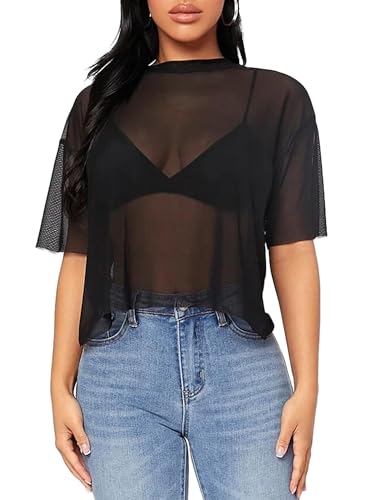Remidoo Womens Sheer Mesh Tops Short Sleeve Crop Top Crewneck Loose T Shirt4