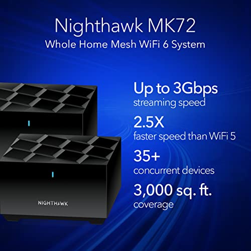 Image of NETGEAR Nighthawk Advanced Whole Home Mesh Dual Band WiFi 6 System (MK72)- AX3000 Router with 1 Satellite Extender, Coverage up to 3,000 sq. ft. and 35+ Devices - Free Expert Help