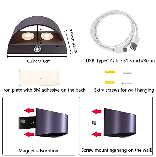 Image of Wall Sconces, Led Lights Battery Operated Wall Lights with USB Charging, Dimmable ON /Off Switch Touch Control for Bedroom, Hallway (Black, 3000K)