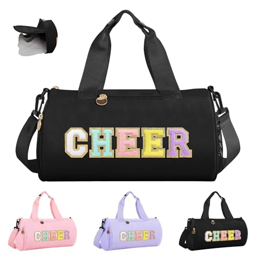 Cheer Bag with Shoes Compartment for Girls Cheerleader Gifts Personalized Cheerleading Sport Gym Duffel Bags Cute Chenille Letter Gymnastics Duffle Bag Cheer Gift for Teen Girl Athletes(Black)