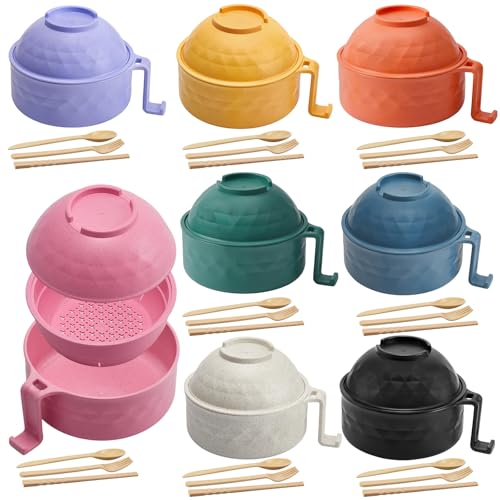 Image of Romooa 8 Sets Microwave Ramen Bowl Set 33 oz Wheat Straw Instant Ramen Cooker Set Portable Noodle Cooker with Handle Noodle Bowl with Spoon Chopsticks Fork College Dorm Room (Multicolor)
