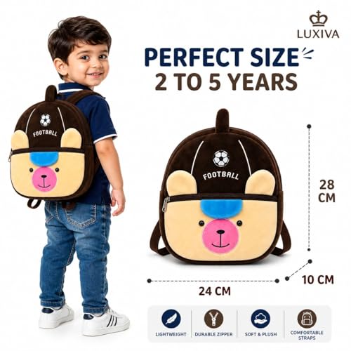 Image of Cartoon Plush Kids School Bag 2-6 Years | Soft Toy Backpack for Boys & Girls | Toddler Nursery Preschool Bag | Lightweight Adjustable Straps