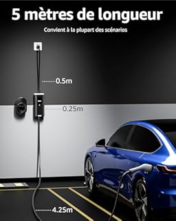 bokman Chargeur Voiture Electrique, (16A, 3.68kW, 5m) Type 2 EVSE Portable Recharge Voiture Electrique Compatible avec Model 3, Model Y, EX30, XC60, Q4, MG4, 208EV et PHEVs