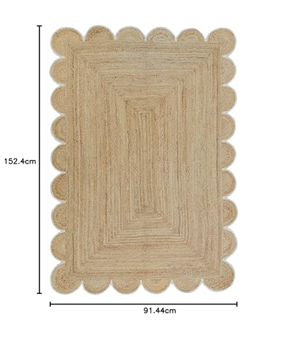 Alfombra de yute natural pequeña trenzada con ribete festoneado blanco roto 3x5 3