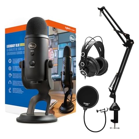 Blue Microphone Yeti USB Microphone Bundle with Headphones, Boom Arm Microphone, and Pop Filter for Broadcasting and Recording Microphones (4 Items) Cover
