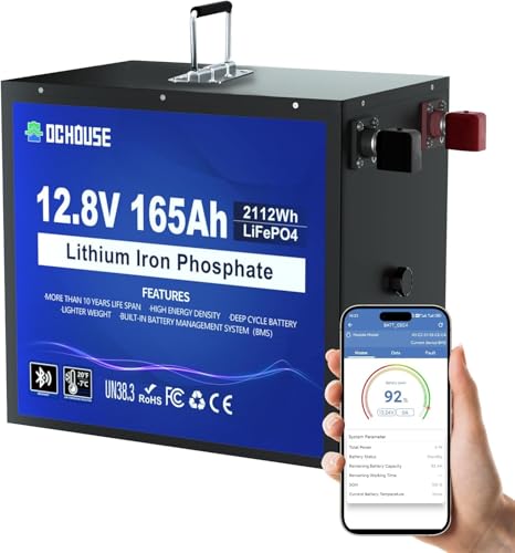 DCHOUSE 12V 165Ah LiFePO4 Batterie, Bluetooth et protection basse température, coque métallique plus sûre, batterie lithium-ion 12V jusqu'à 15000 cycles, BMS 120A,...