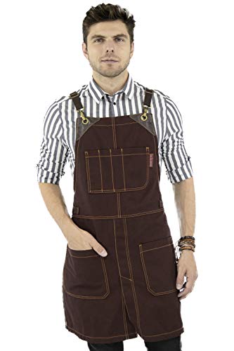 Under NY Sky Cross-Back Coffee Brown Apron – Durable Heavy-Duty Canvas, Leather Reinforcement
