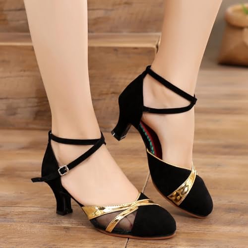 Sandals for Womens Latin Dance Shoes Mesh Rhinestone Heeled Ballroom Salsa Tango Party Sequin Dance Shoes Sandals for Women Dressy Heel (Gold, 8)2