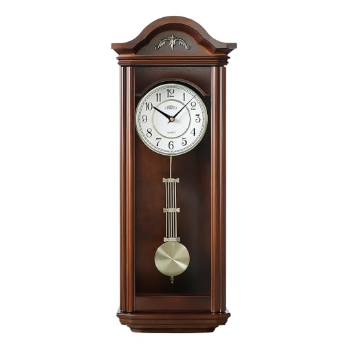 PRIM Holzwanduhr Pendel II – A, Retro Design, Verziertes Zifferblatt, Pendel-Wanduhr aus Holz, Quarz-Uhrwerk, Dunkelbraun, Luxus Deko für Wohnzimmer, Schlafzimmer, Büro