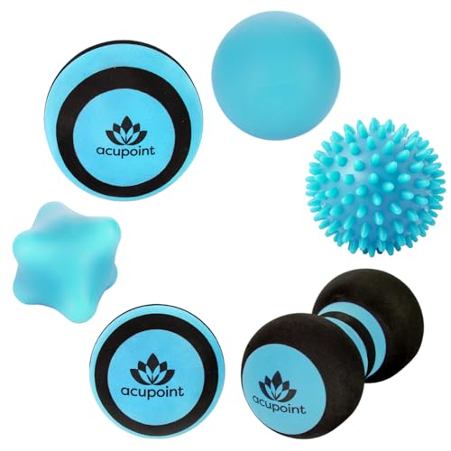 Massage Ball Set 6 Physical Therapy Balls for Post Workout Deep Tissue Trigger Point Myofascial Release Lacrosse Ball Peanut Ball Spiky Ball Hand Therapy Ball Lg & Sm Foam Balls (Blue)