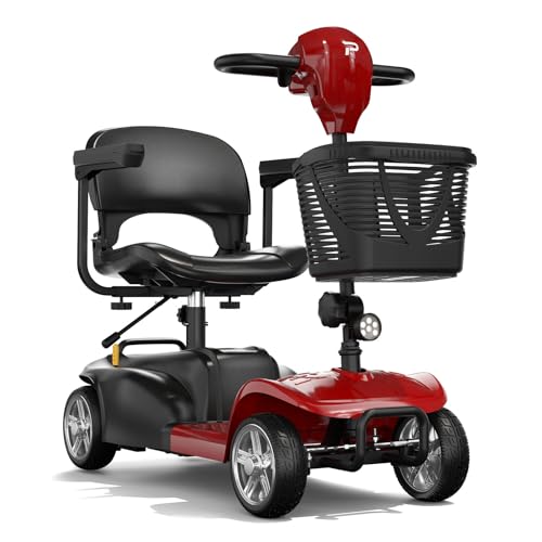 4 Wheel Mobility Scooters for Adults 15 Miles Long Range Foldable Electric Scooter All Terrain Motorized Scooter Powered Mobility Scooters for Seniors, with Basket and Charger (Red)
