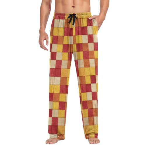Men's Pajama Pants Orange Plaid Pajama Pants for Men PJs Bottoms Drawstring Pockets Yellow Sleep Lounge Pants S3