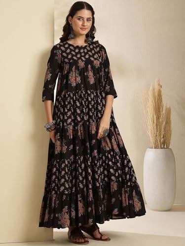 Image of ANNI Designer Viscose Blend Kurta for Women | Kurti Set Woman | Anarkali Kurta with Pant & Dupatta | Black Floral Hand Block Printed Suit | Ethnic Indian Outfit Party Office Traditional Fashion Wear
