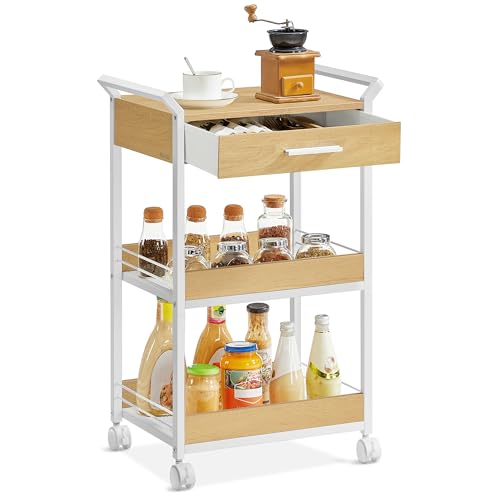 Image of VASAGLE Storage Cart, 3-Tier Rolling Utility Cart with Table Top, Handles, 4 Lockable Casters, Top Drawer, Mesh Shelves, for Kitchen, Bathroom, Bedroom, Golden Oak and Cloud White ULRC048N01