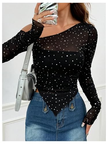 MakeMeChic Women's Sequin Sheer Top One Shoulder Ruched Long Sleeve Tee Shirt4