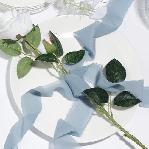 Chiffon Ribbon Blue & Grey Handmade Frayed Fringe Sheer Boho Silk Ribbons For Gift Wrapping, Floral, Wedding Invitations, Bouquet, 1-1/2'' 5 Yards*4 Rolls #TOP2