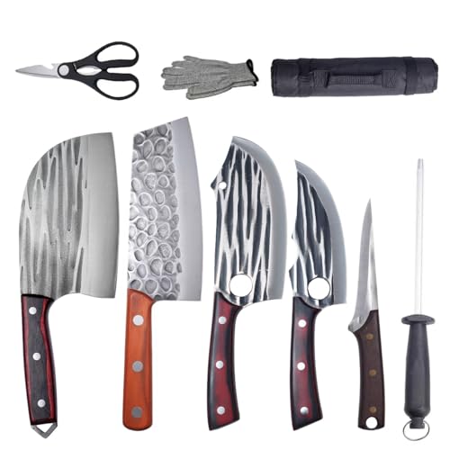 Butcher Knife Set with Bag，Meat Cleaver Serbian Chef Knife Full Tang High Carbon Steel for Meat Cutting Processing,Hand Forged Viking Carving Knife，Outdoor BBQ Camping Knife (8)