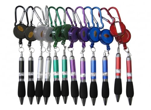Cotton Fly Carabiner Retractable Pen Keychain – 12 Pack | Pull-Out Pen with Belt Clip Reel | Durable Key Holder for Work, Office, Warehouse, Nurses, Teachers & Delivery Drivers