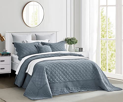 Chixin Oversized Cotton Bedspread Queen Size - Real Stitching - Luxury Quilted Bedding Cover For All Season, Reversible, Ultra Soft, Lightweight, 3 Piece, Smokey Blue #TOP1