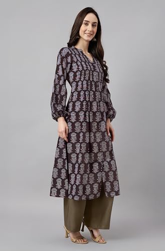 Image of Janasya Women's Pure Cotton Floral Printed A-line Kurta