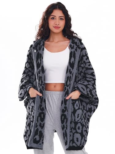 WDCOZY Wearable Blanket Hoodie Poncho Throw Comfy Soft Warm Cape Shawl Cozy Cloak Wrap Hooded with Sleeves For Adults Leopard