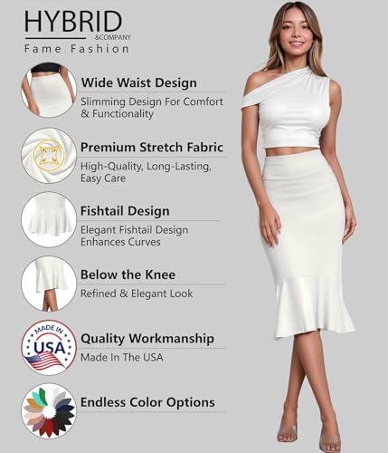 Image of HyBrid & Company Womens Premium Nylon Ponte Stretch Office Fishtail Pencil Skirt High Waist Made in The USA Below Knee